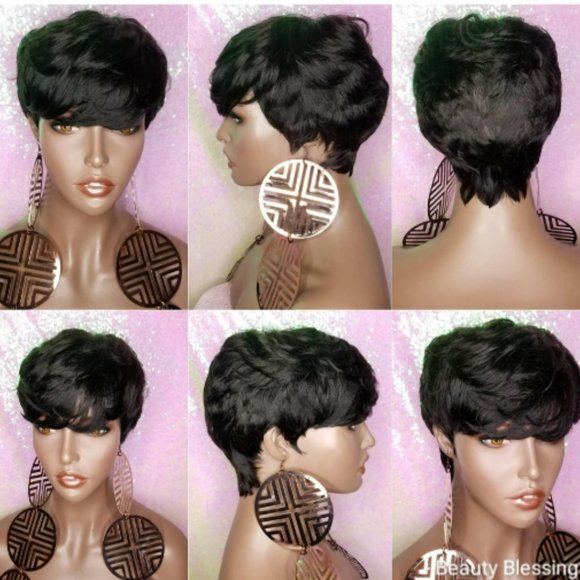 Razor Cut Pixie Cut Peruvian Remy Human Hair Wig Swoop Bang Black Hair Wig - Picture 1 of 7